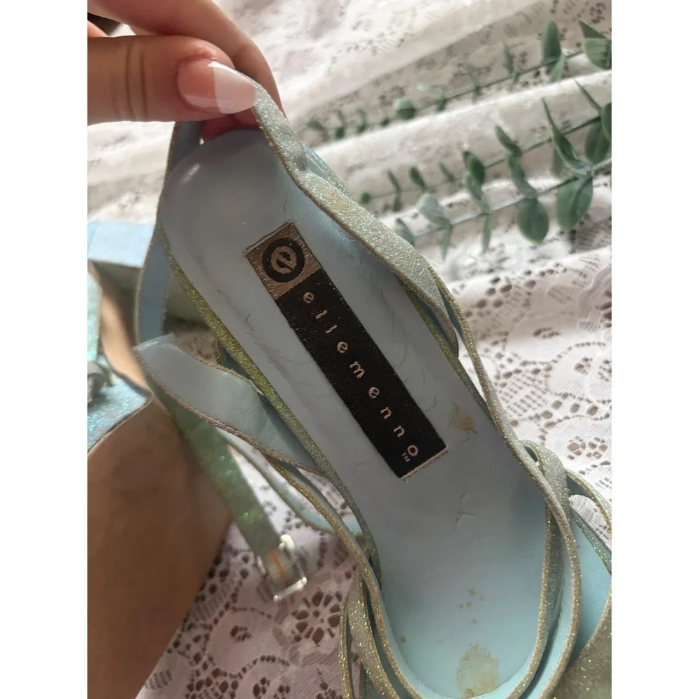 Ellemenno Sakura Vintage Light Blue Glitter Platform Block Heel Sandals‎ 8M